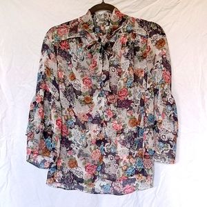 Lauren Conrad Floral Top Ruffle Sleeves Size S